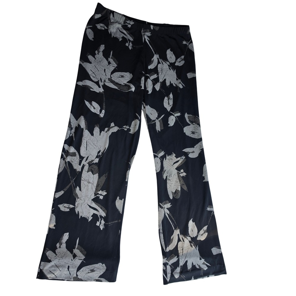 Clara‎ Sun Woo Floral Wide Leg Pants Womens 1X Black Stretch USA Travel Palazzo